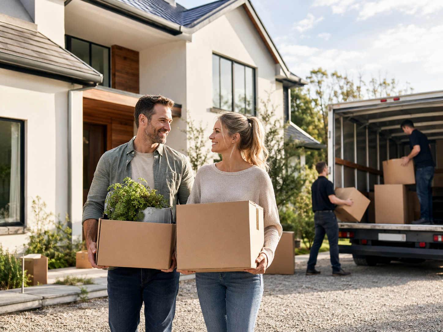 A couple in front of their new home